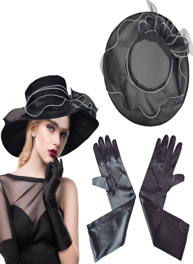 Popuid Derby Fascinator Hats for Women, Wide Brim Tea Party Organza Hats for Wedding & Cocktail Party (Black Set) - Image 1